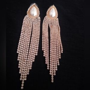 Womens Gold Tone Faux Pearl 4" Long Rhinestone Tassel Drop Dangle Stud Earrings
